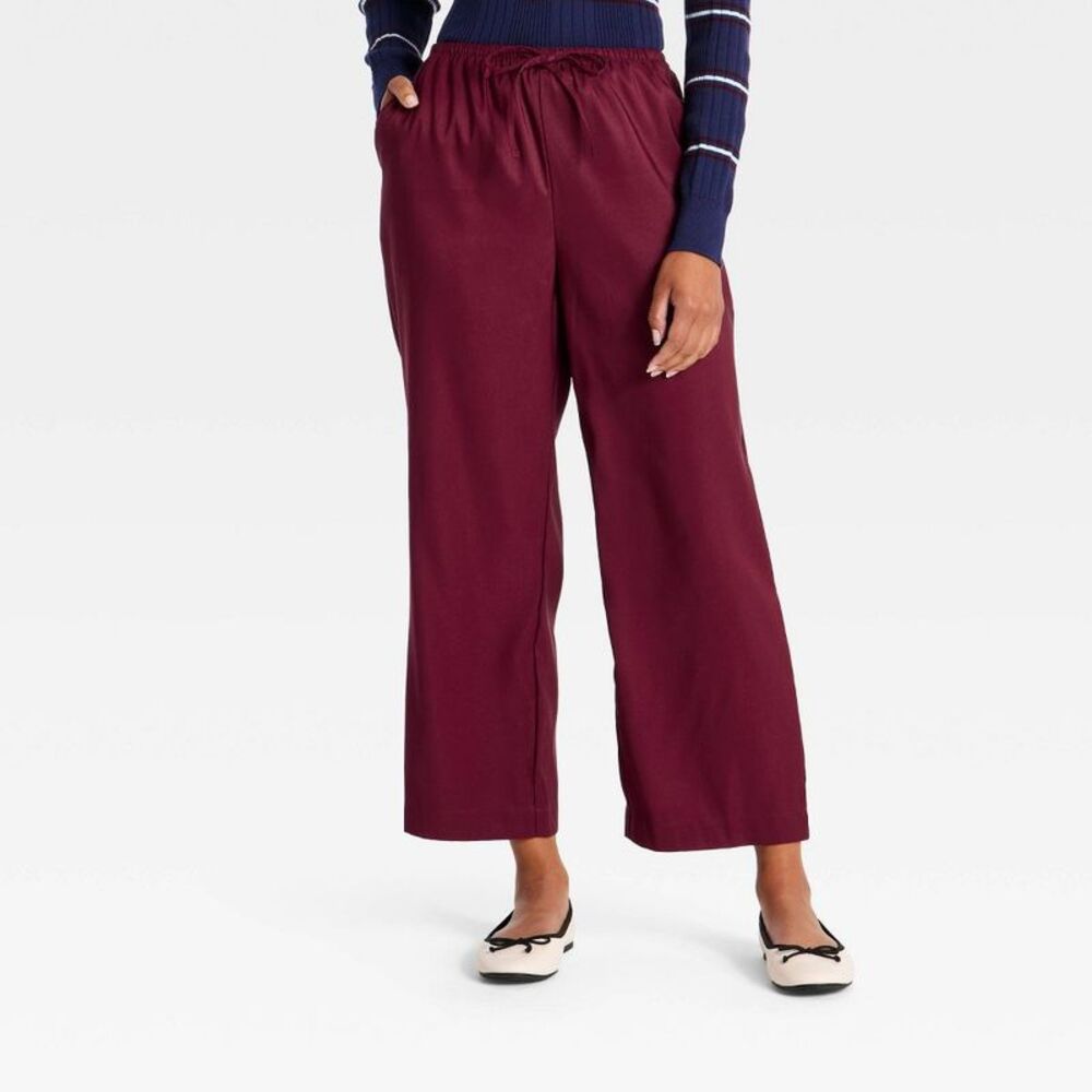 Women's Mid-Rise Cropped Taffeta Drawstring Straight Leg Pants - Burgundy S
